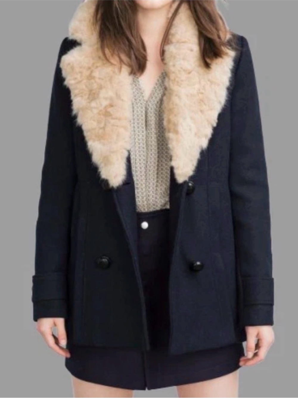 Zara Navy Wool Blend Peacoat w/ Detachable Faux Fur Collar L